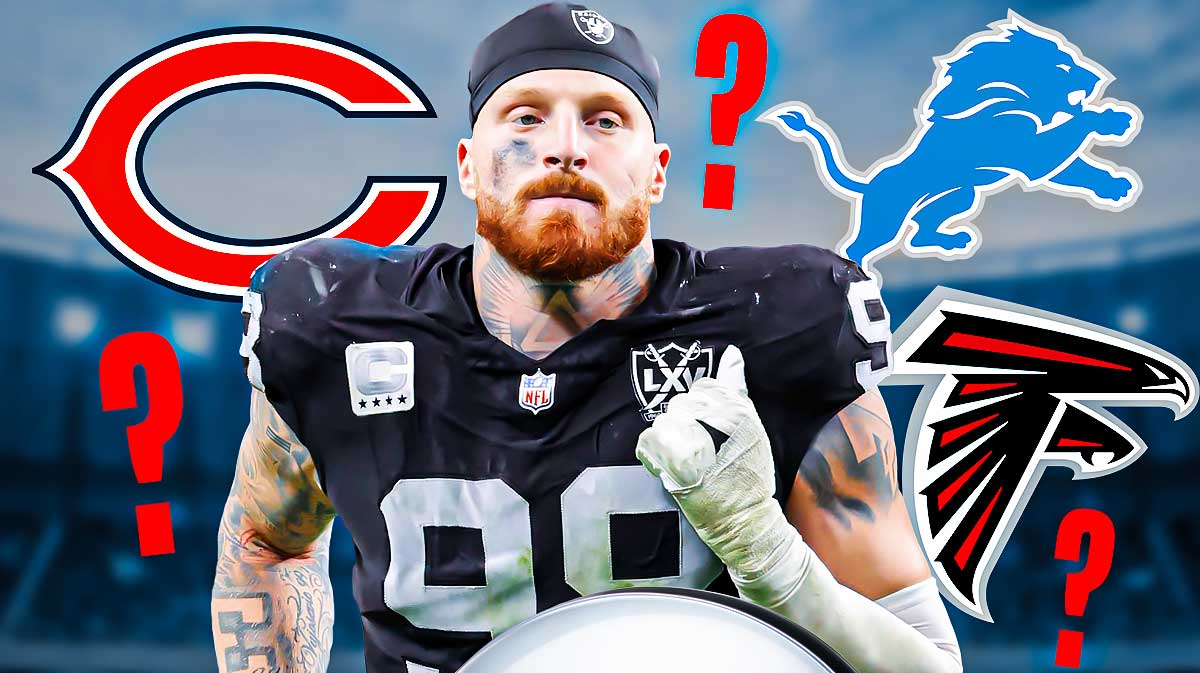 Maxx Crosby surrounded by question marks with the Lions, Falcons and Bears logos in the background
