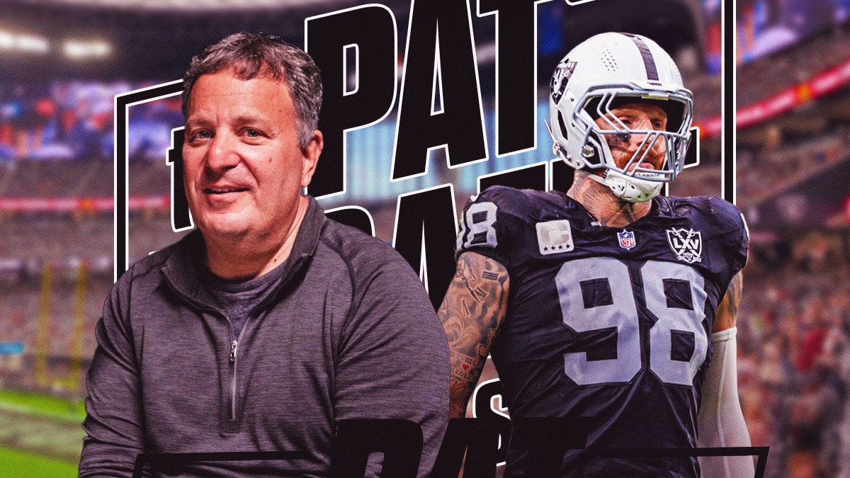 Maxx Crosby next to GM Michael Lombardi in front of The Pat McAfee Show logo.