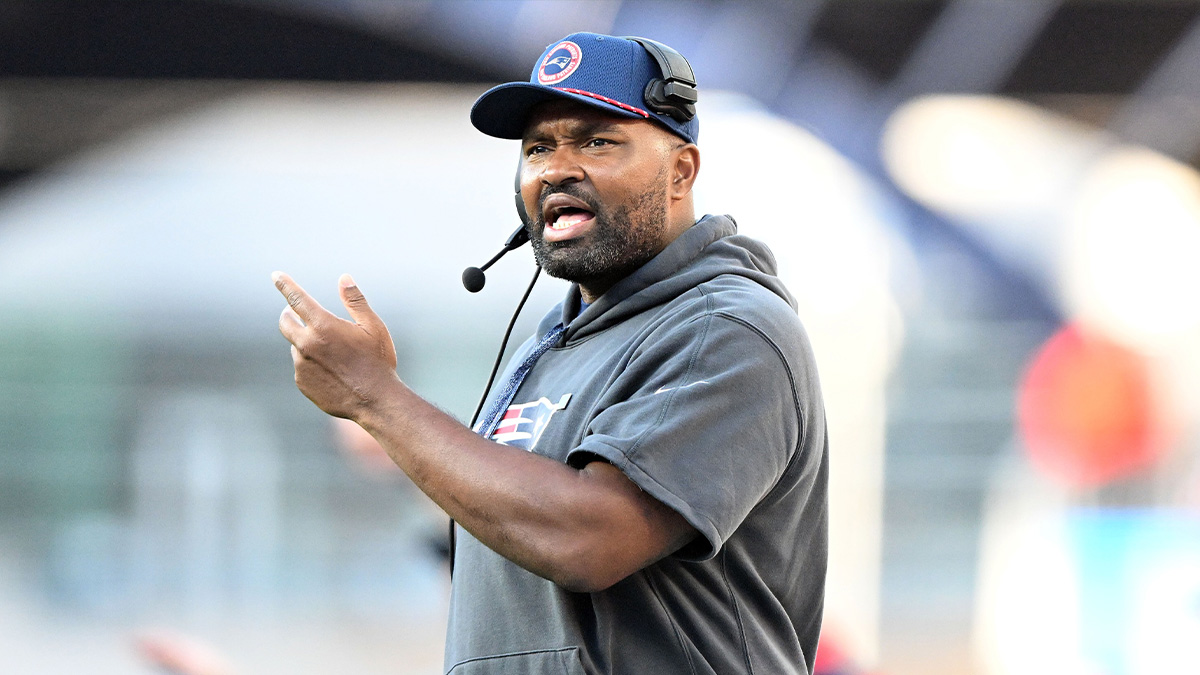 New England Patriots head coach Jerod Mayo calls a play against the New York Jets during the second half at Gillette Stadium.
