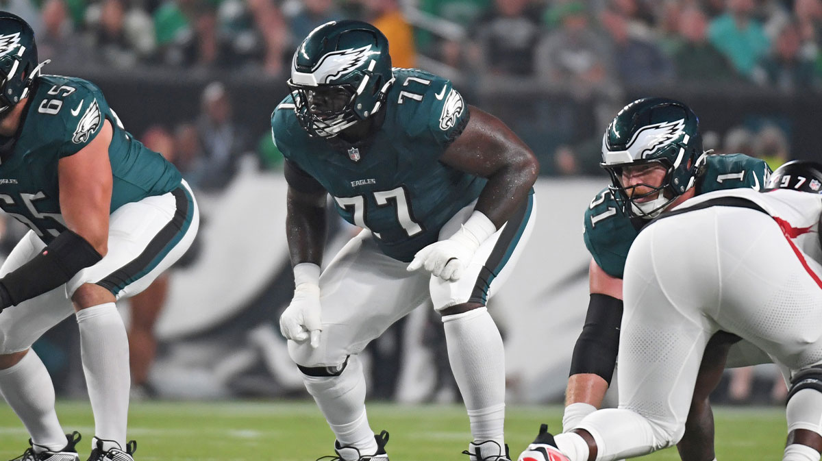 Philadelphia Eagles offensive tackle Mekhi Becton (77) against the Atlanta Falcons at Lincoln Financial Field.