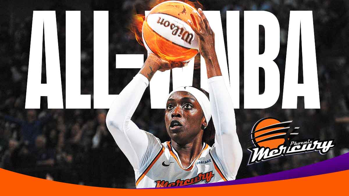Phoenix Mercury guard Kahleah Copper shoots a ball of fire, with the words "All-WNBA' above her head. There's also a tearing graphic of the Mercury logo underneath Copper.