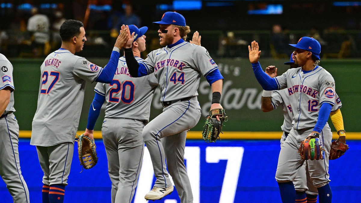 New York Mets outfielder Harrison Bader (44) reacts after the ninth inning against the Milwaukee Brewers in game one of the Wildcard round for the 2024 MLB playoffs at American Family Field. 