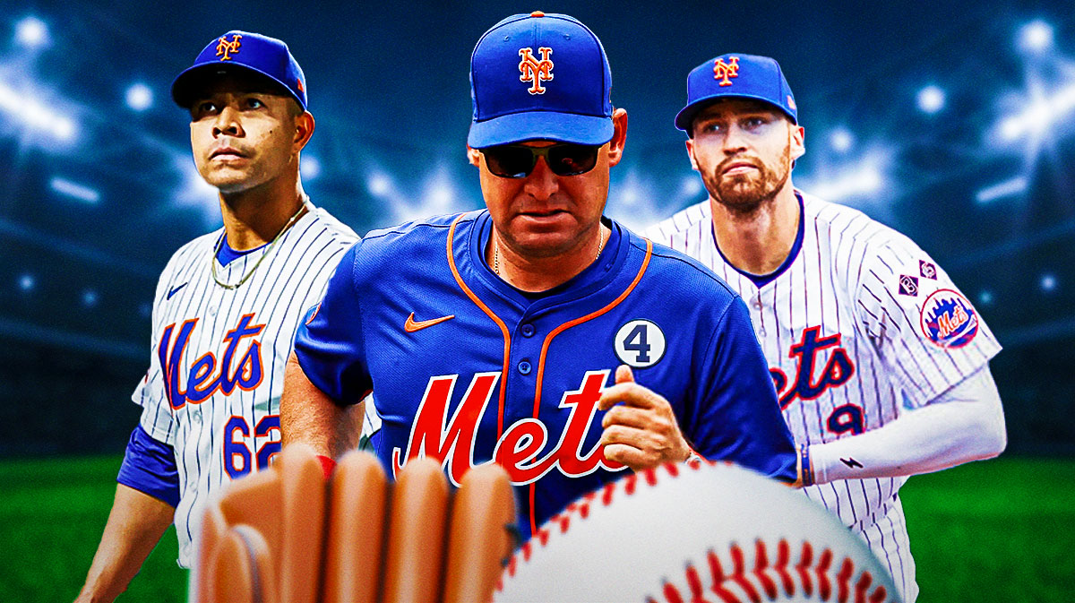 New York Mets manager Carlos Mendoza in the middle - players Jose Quintana & Brandon Nimmo on either side
