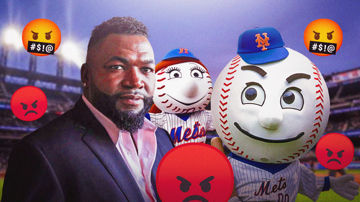 David Ortiz, Mr. Met (Mets mascot) with lots of angry emojis 🤬😡 and Mrs. Met between them