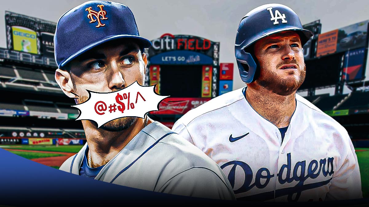 Mets' David Peterson with 🤬 over his mouth directed at Dodgers' Max Muncy