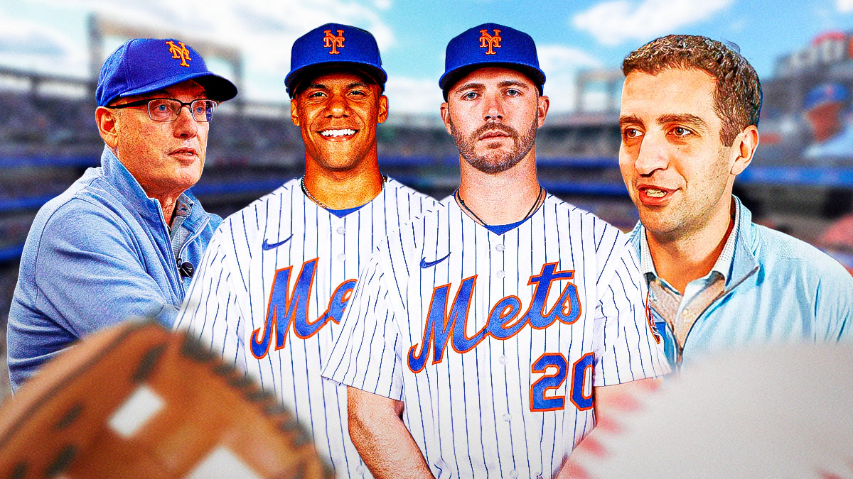 Mets' owner Steve Cohen next to President of Baseball Operations David Stearns with Juan Soto and Pete Alonso in a Mets uniform