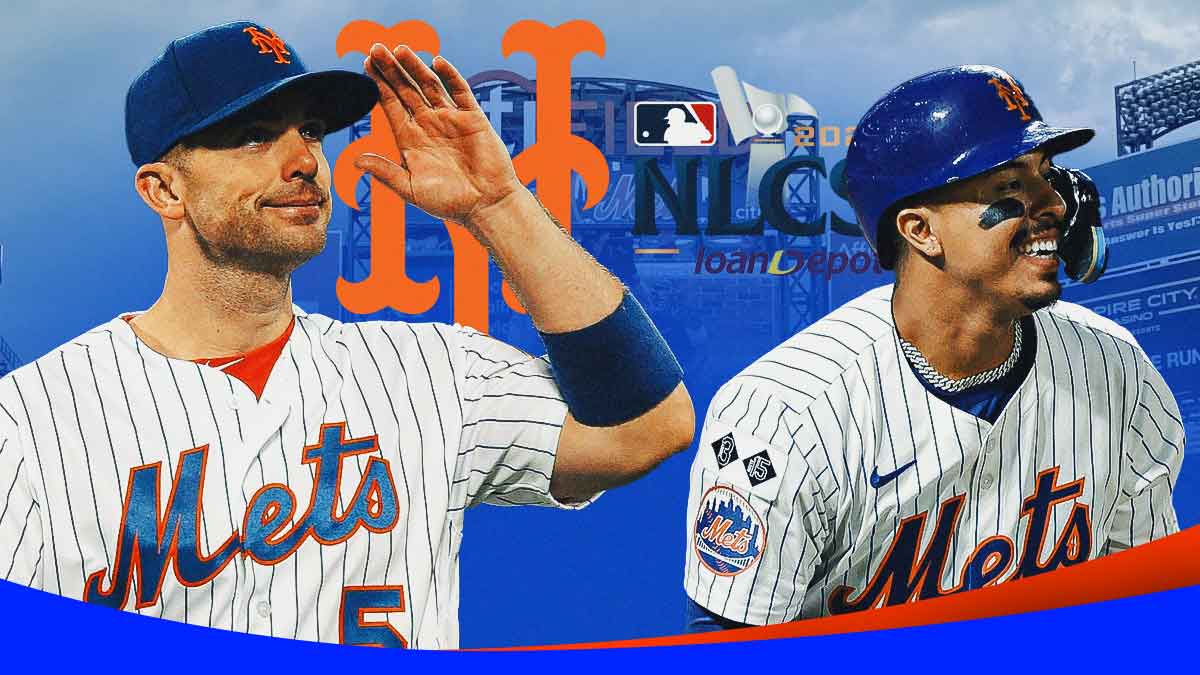 David Wright, Mark Vientos, the Mets logo, and the NLCS logo.