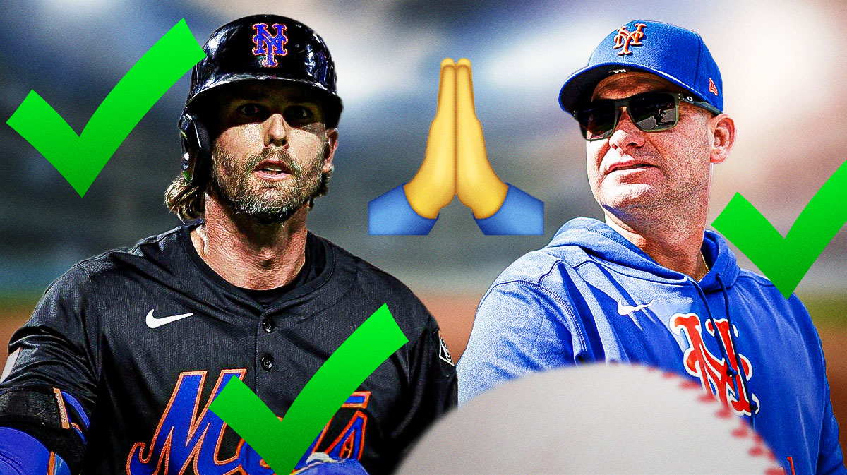 Mets Carlos Mendoza next to Jeff McNeil with prayer hands and a green checkmark