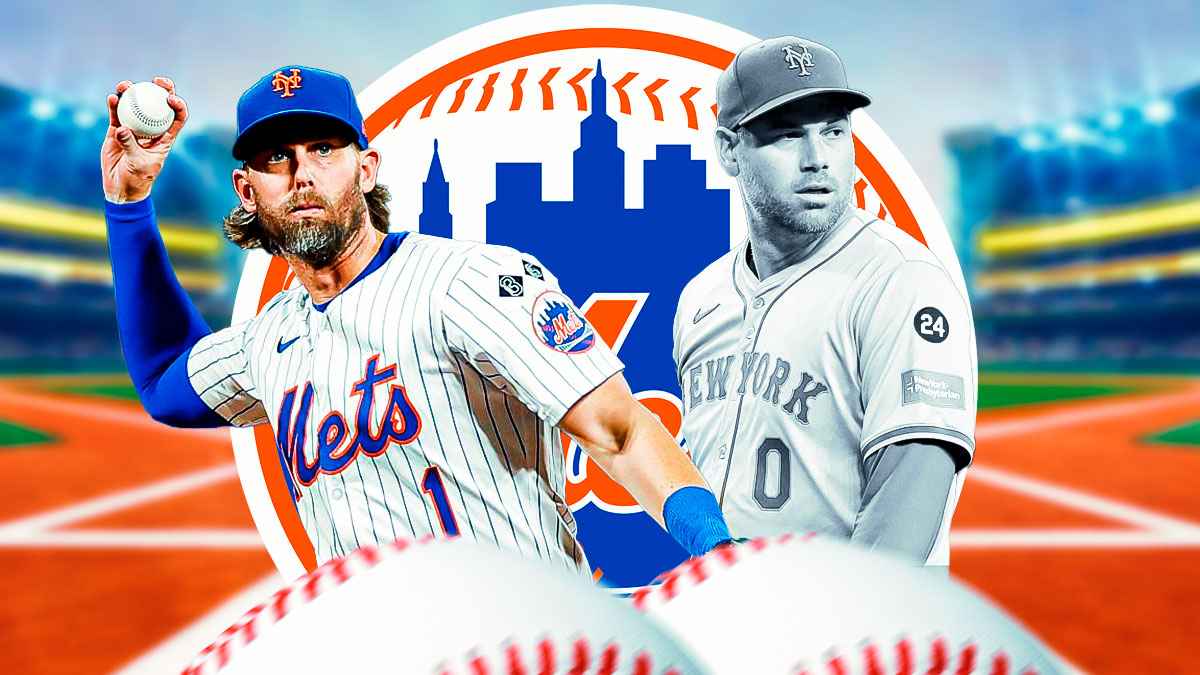 Mets' Jeff McNeil & a greyed out Adam Ottavino with the Mets logo between them
