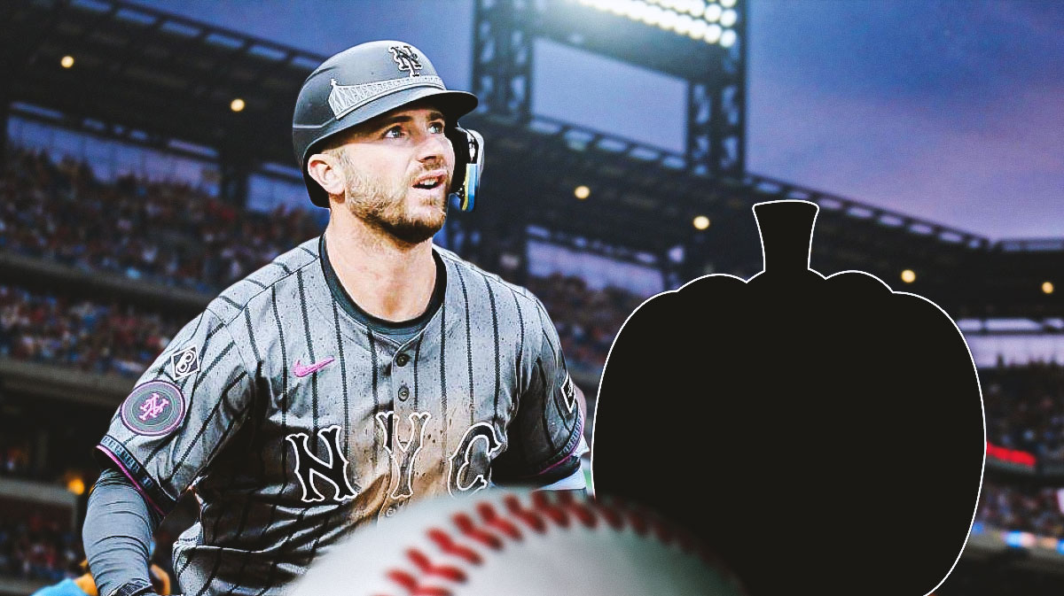 Pete Alonso next to a silhouette of a pumpkin