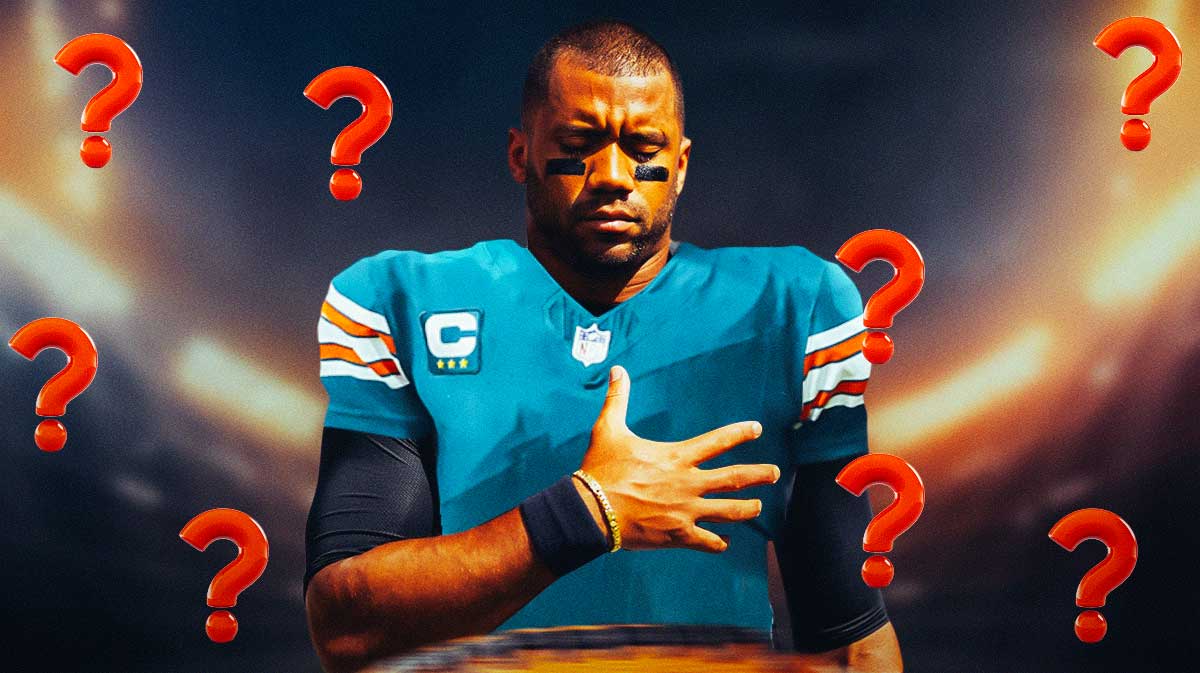 Russell Wilson in a Dolphins jersey surrounded by question marks