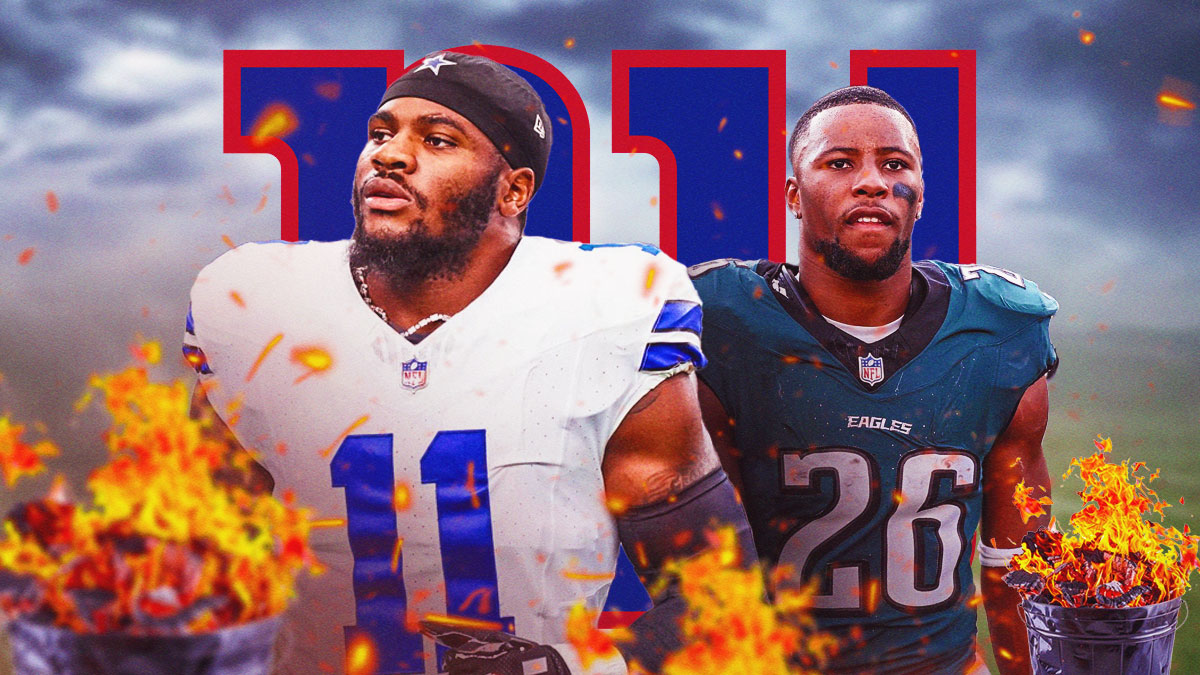 Micah Parsons and Saquon Barkley with flaming trash cans with the New York Giants logo on them in the background.