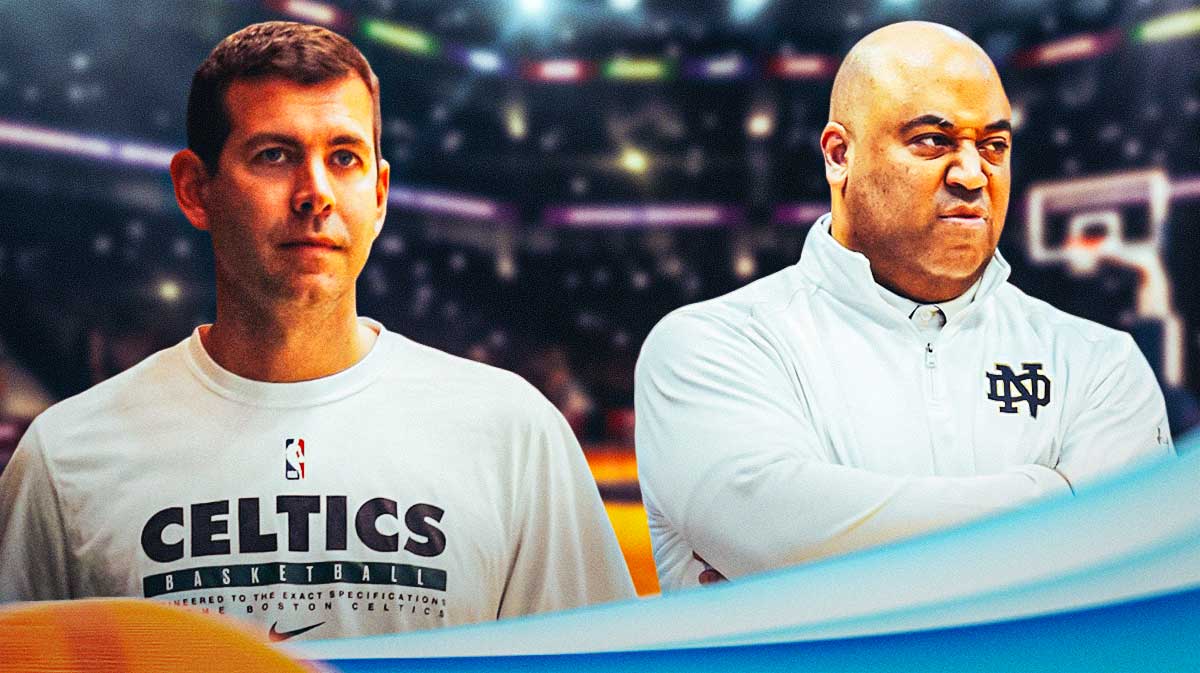 Notre Dame basketball head coach Micah Shrewsberry on left coaching during a game. Celtics Brad Stevens on right looking serious.