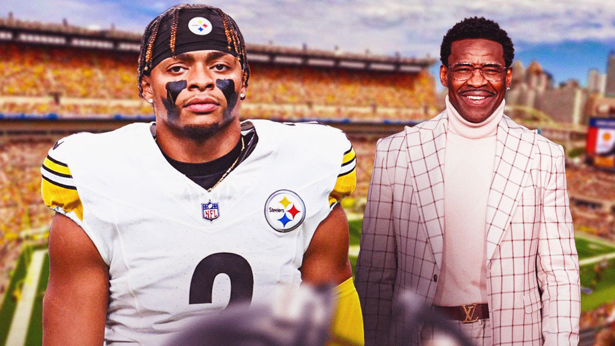 Justin Fields in a Pittsburgh Steelers uniform and Michael Irvin in the background as Irvin thinks Fields will handle benching well thanks to steelers coach mike tomlin.