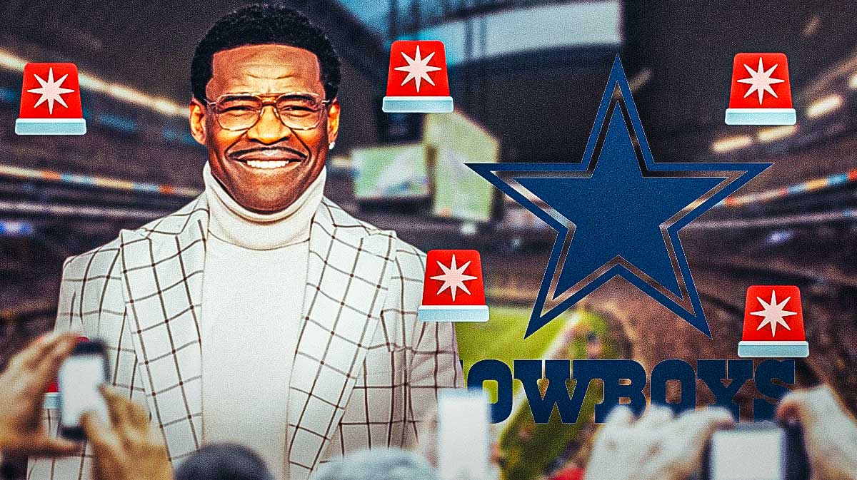 Michael Irvin with siren emojis around him and the Dallas Cowboys logo next to him