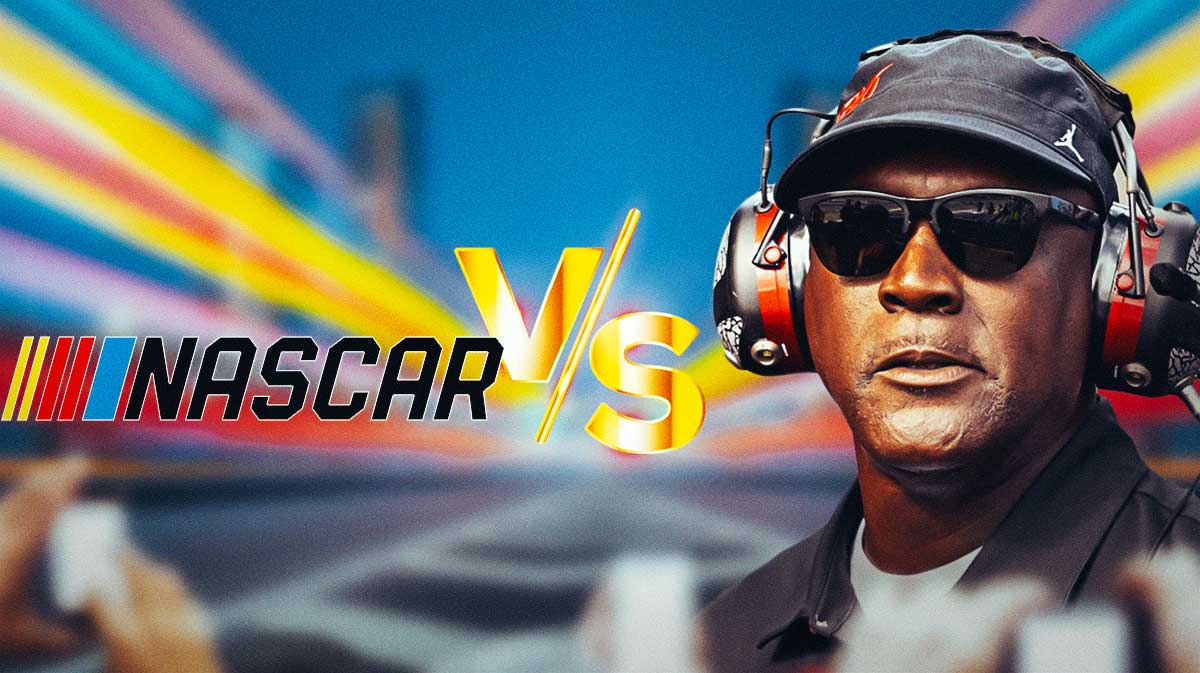 23XI Racing owner Michael Jordan (current day pic) "VS" a NASCAR logo.