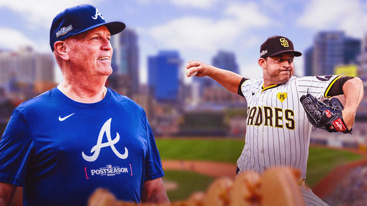 Atlanta Braves manager Brian Snitker and Michael King in a San Diego Padres uniform as the Padres pitcher got praise from the Braves manager Brian Snitker after the Padres playoffs win.