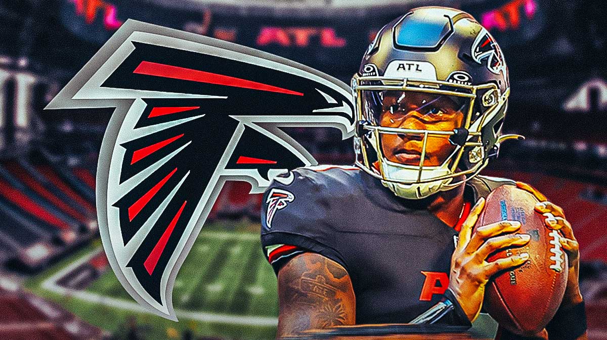 Falcons Michael Penix Jr with Atlanta Falcons logo