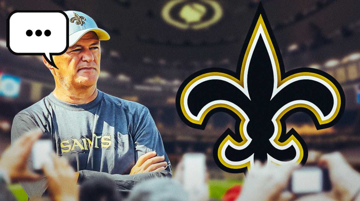 New Orleans Saints general manager Mickey Loomis with a speech bubble that has the three dots emoji inside. There is also a logo for the New Orleans Saints.
