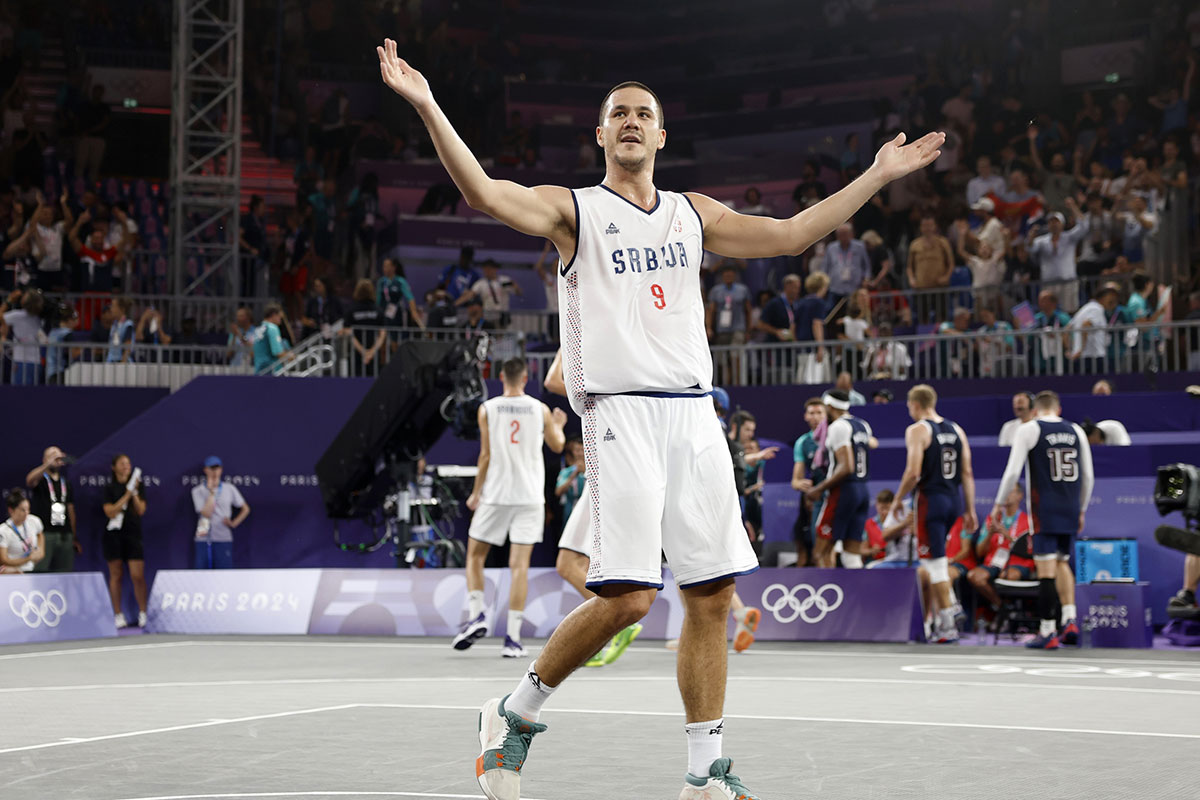 Serbia player Mihailo Vasic (9) reacts after defeating the United States in the men’s pool basketball 3x3 game during the Paris 2024 Olympic Summer Games at La Concorde 1.