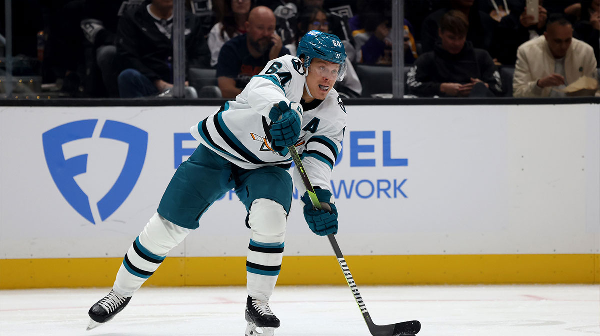 San Jose Sharks center Mikael Granlund (64) passes during the second period against the Los Angeles Kings at Crypto.com Arena. 