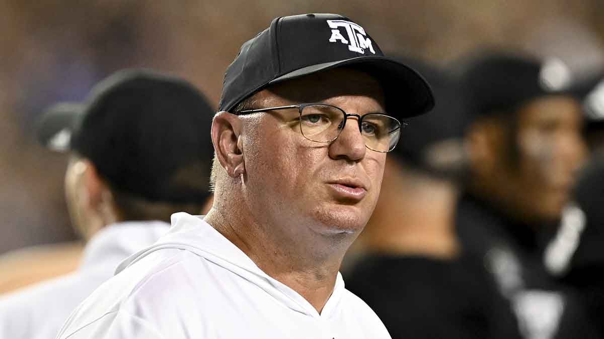 Texas A&M Aggies head coach Mike Elko reacts to a call in the third quarter against the LSU Tigers at Kyle Field.