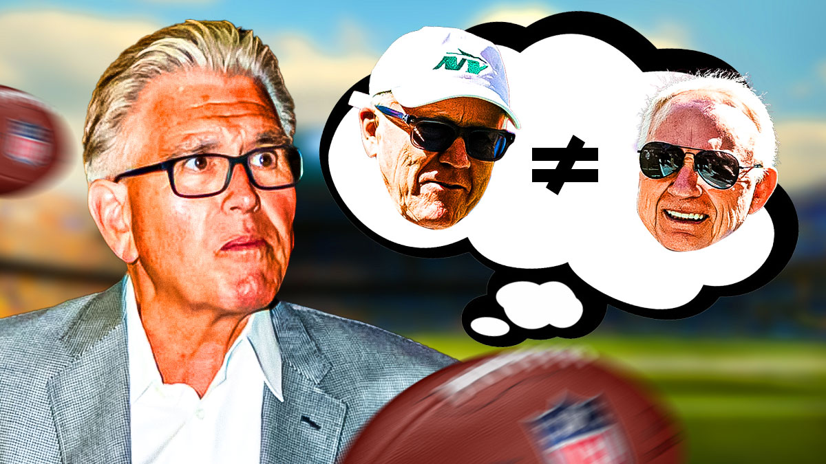 Radio host Mike Francesa with a thought bubble that has New York Jets owner Woody Johnson, with a canceled-out equal sign, and next to Johnson is Dallas Cowboys owner Jerry Jones