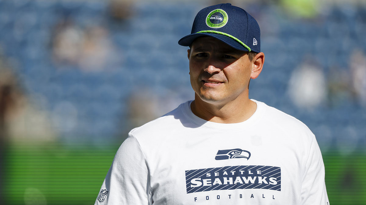 Seattle Seahawks head coach Mike Macdonald stands on the sideline during pregame warmups against the New York Giants at Lumen Field.