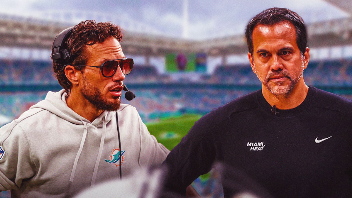 Miami Heat head coach Erik Spoelstra and Miami Dolphins head coach Mike McDaniel in front of Hard Rock Stadium.