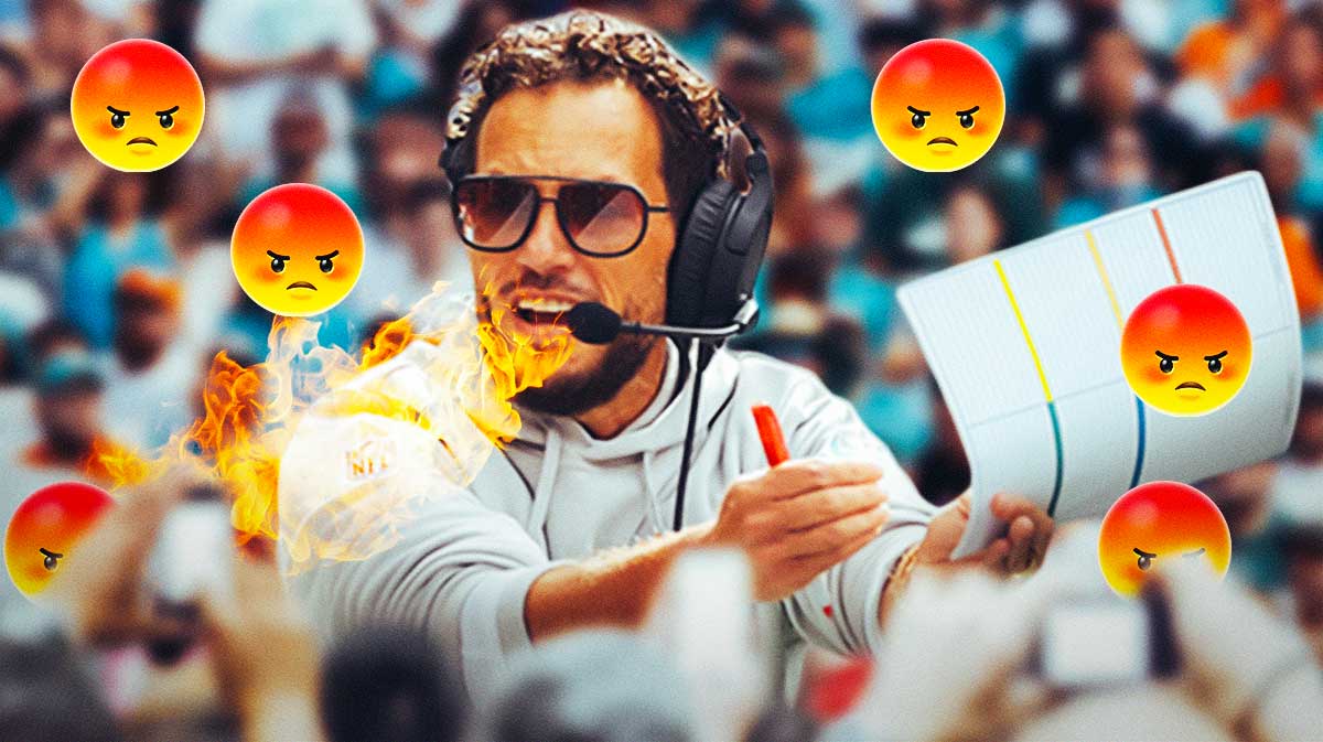 Mike McDaniel on one side breathing fire, a bunch of Miami Dolphins fans on the other side with angry emojis around them