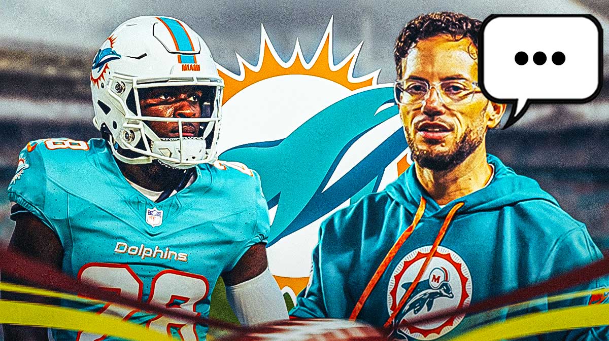 Miami Dolphins head coach Mike McDaniel with a speech bubble that has the three dots emoji inside. He is next to Dolphins RB De'Von Achane. There is also a logo for the Miami Dolphins.