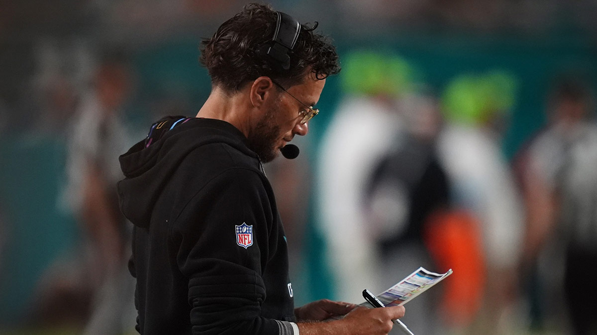 Miami Dolphins head coach Mike McDaniel looks over his play card during the second half against the Tennessee Titans at Hard Rock Stadium.