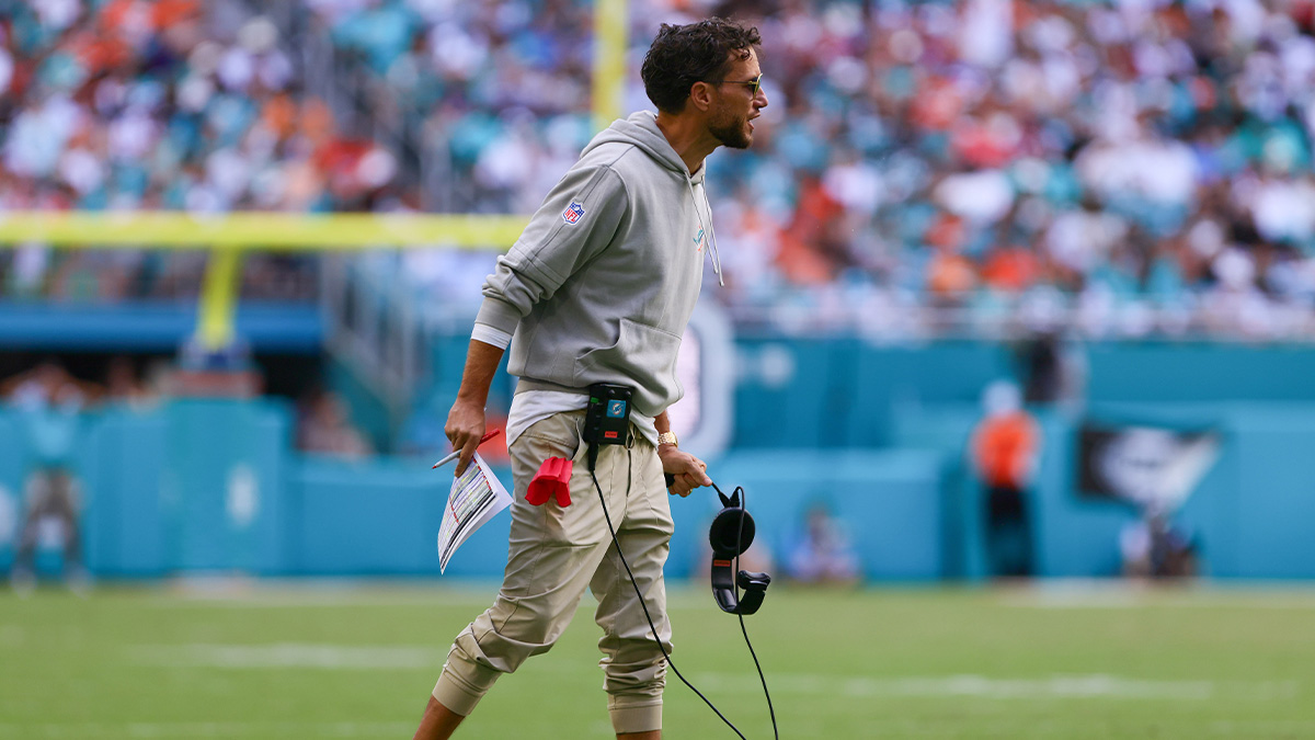 Miami Dolphins head coach Mike McDaniel reacts from the sideline against the Arizona Cardinals during the third quarter at Hard Rock Stadium.