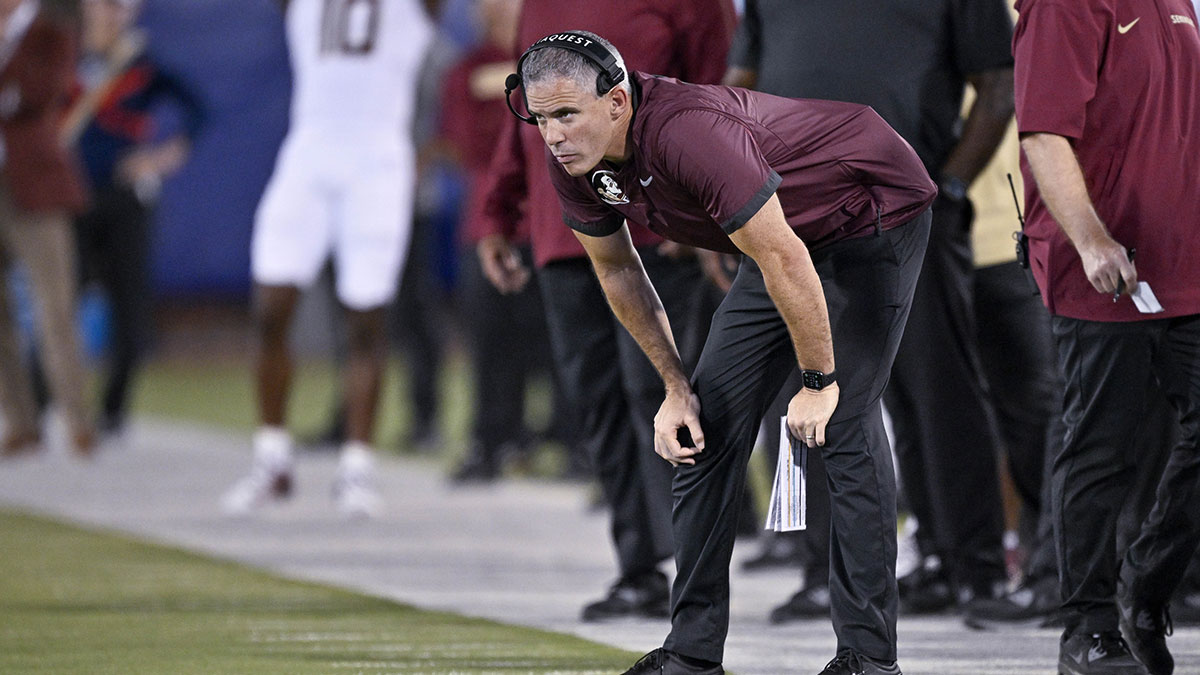 Florida State Seminoles head coach Mike Norvell looks on during the second quarter against the Southern Methodist Mustangs at Gerald J. Ford Stadium.