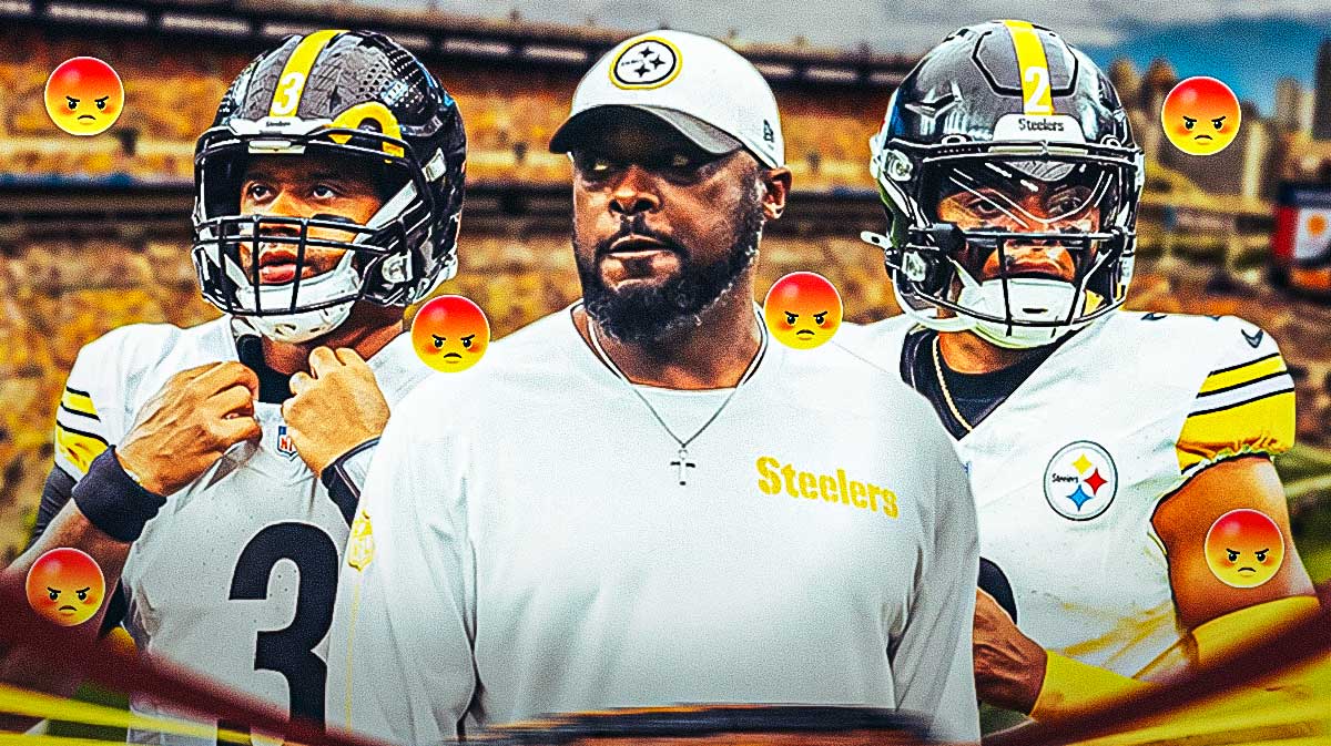 Pittsburgh Steelers coach Mike Tomlin with QBs Russell Wilson and Justin Fields. They are surrounded by angry emojis (😡). There is also a logo for the Pittsburgh Steelers.