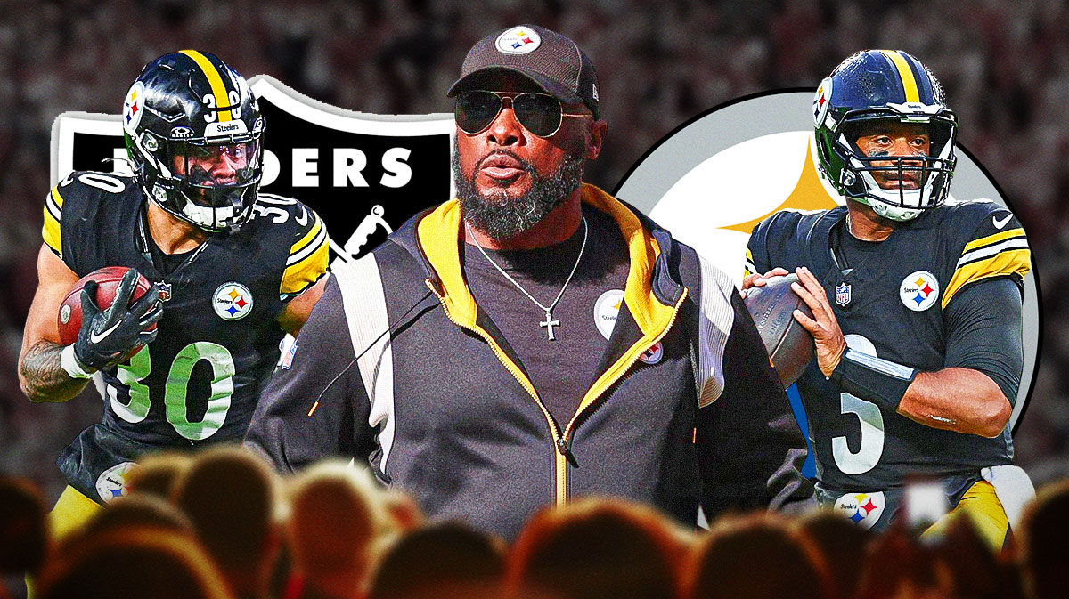 Steelers head coach Mike Tomlin next to Steelers quarterback Russell Wilson & Steelers running back Jaylen Warren next to the Steelers & Raiders' logos