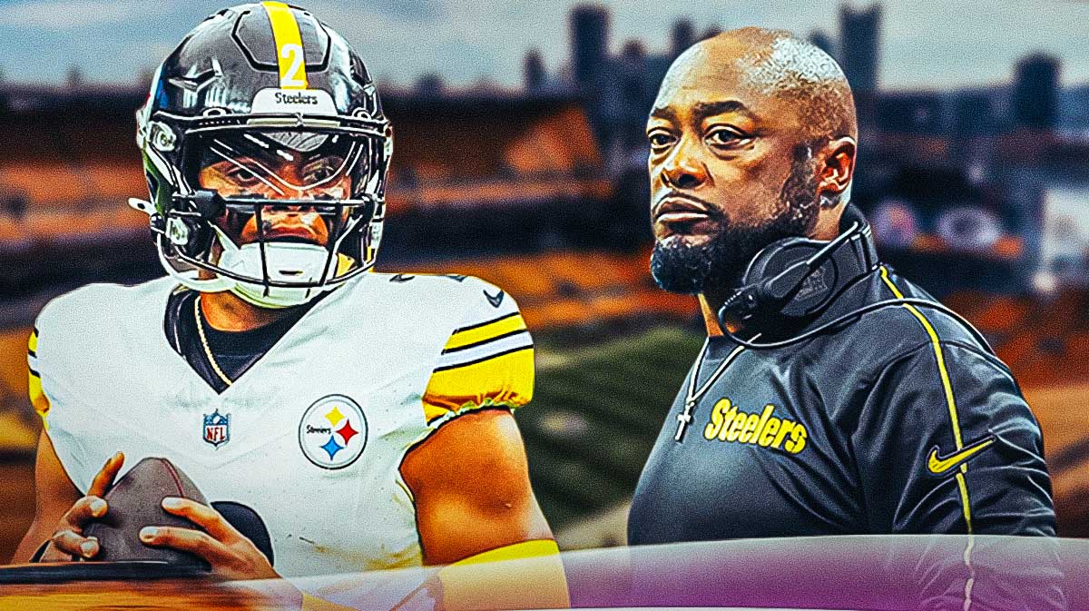 Pittsburgh Steelers head coach Mike Tomlin and Justin Fields in front of Acrisure Stadium.