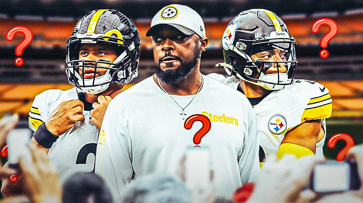 Russell Wilson, Justin Fields, Mike Tomlin surrounded by question marks.
