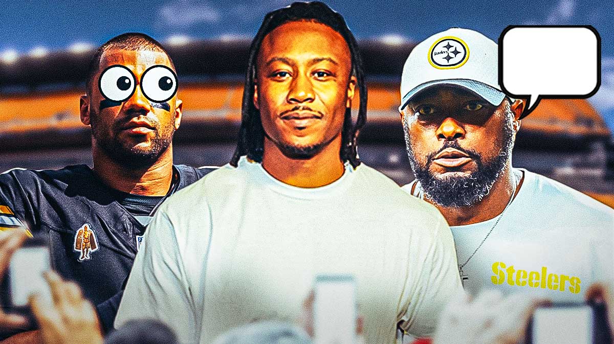 Mike Tomlin with a text bubble above him, Brandon Marshall in regular clothes, and Russell Wilson with eye emojis on him.