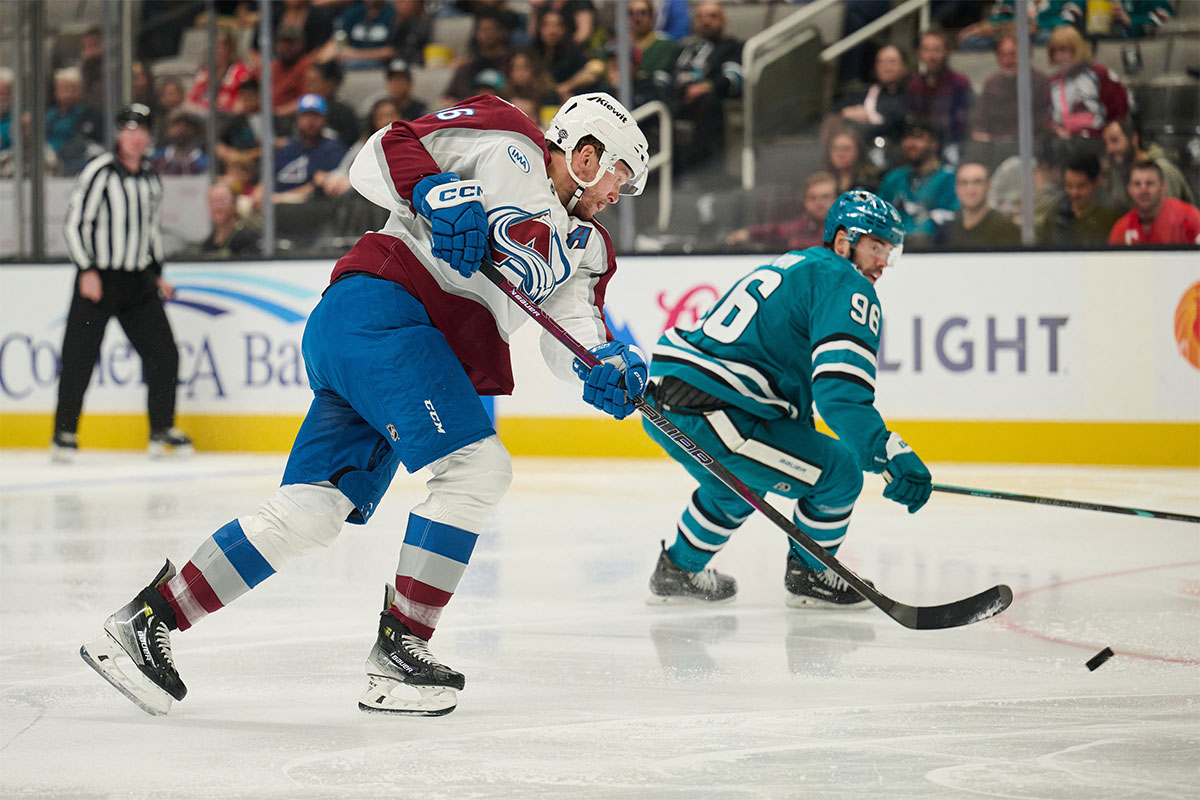 Colorado Avalanche right wing Mikko Rantanen (96) shoots the puck against the San Jose Sharks during the first period at SAP Center at San Jose.