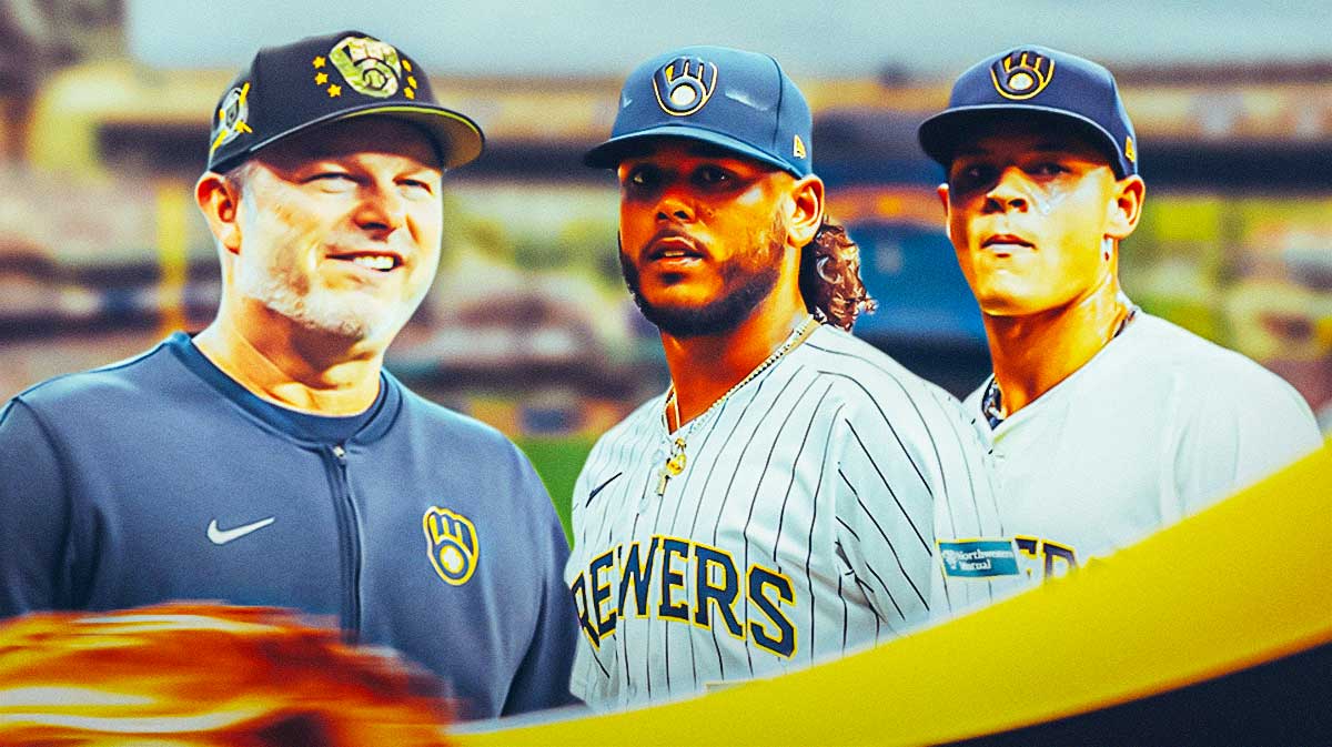 Chris Hook (Brewers pitching coach) watching Brewers pitchers Freddy Peralta and Tobias Myers