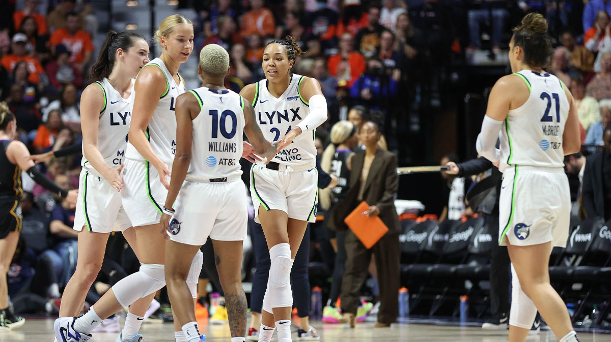 Minnesota Lynx forward Napheesa Collier (24) celebrates with teammates during the second half against the Connecticut Sun during game three of the 2024 WNBA Semi-finals at Mohegan Sun Arena.