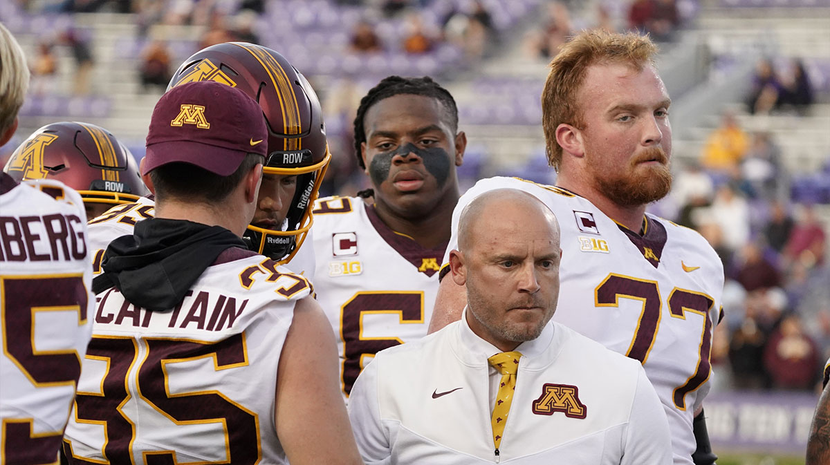 Minnesota Golden Gophers head coach PJ Fleck on the field before the game against the Northwestern Wildcats at Ryan Field.