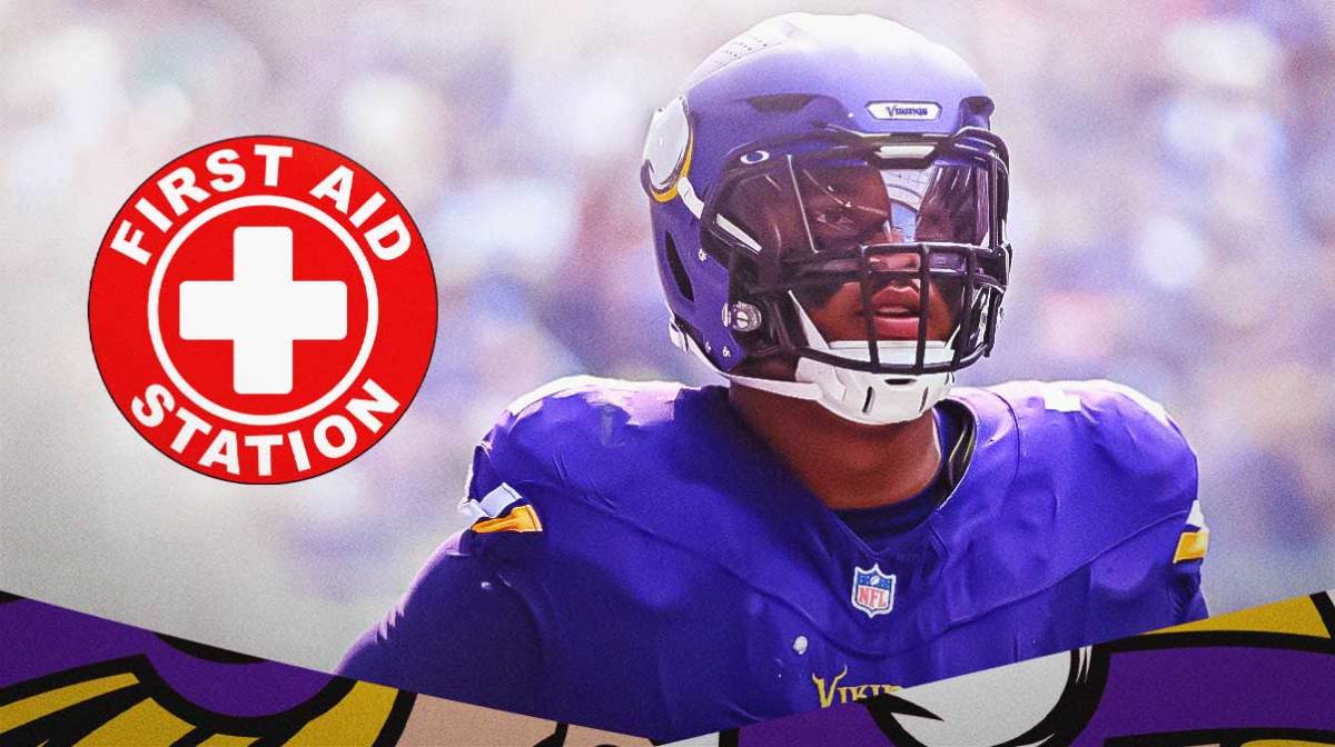 Christian Darrisaw in a Minnesota Vikings uniform with a red and white first aid symbol as Darrisaw had an injury against the Rams, one of the vikings injuries.