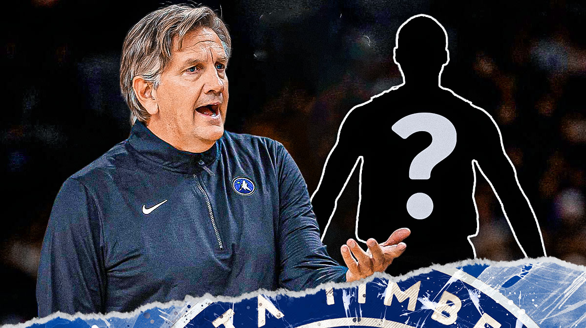 Timberwolves' Chris Finch next to blacked out NBA player silhouette with a question mark on the chest