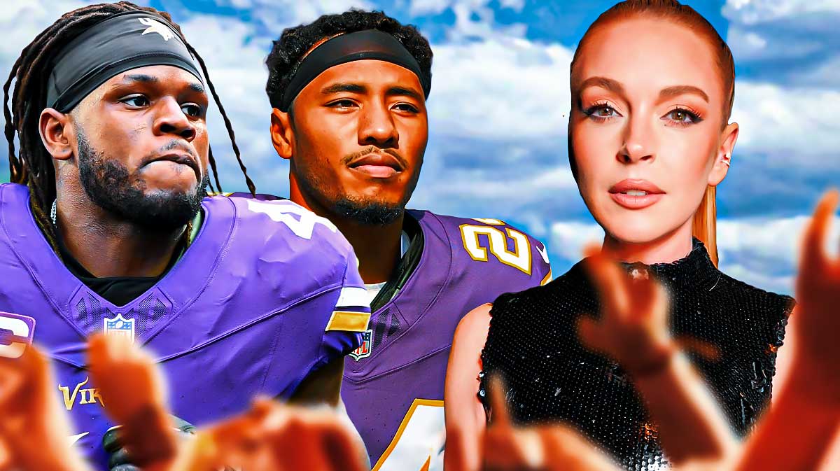 Vikings Josh Metellus and Vikings Camryn Bynum with actress Lindsay Lohan