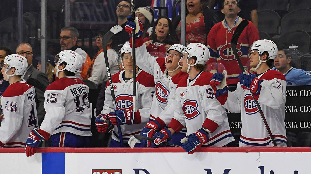 Montreal Canadiens players celebrate win against the Philadelphia Flyers at Wells Fargo Center.