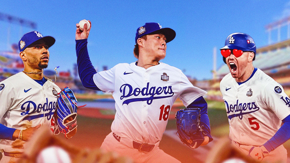 Photo: Mookie Betts, Freddie Freeman with heart eyes looking at Yoshinobu Yamamoto pitching, all 3 in Dodgers jerseys