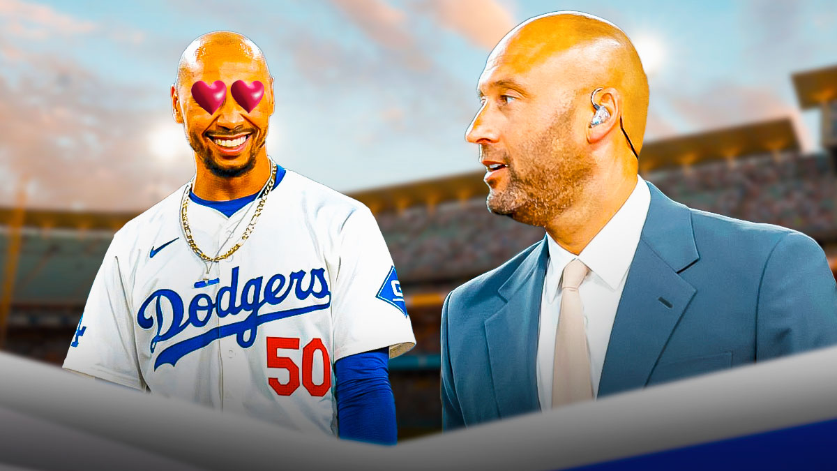 Mookie Betts in a Los Angeles Dodgers uniform with hearts in his eyes looking at Derek Jeter as Betts tells Jeter he loves him after the Dodgers won Game 2 of the World Series.
