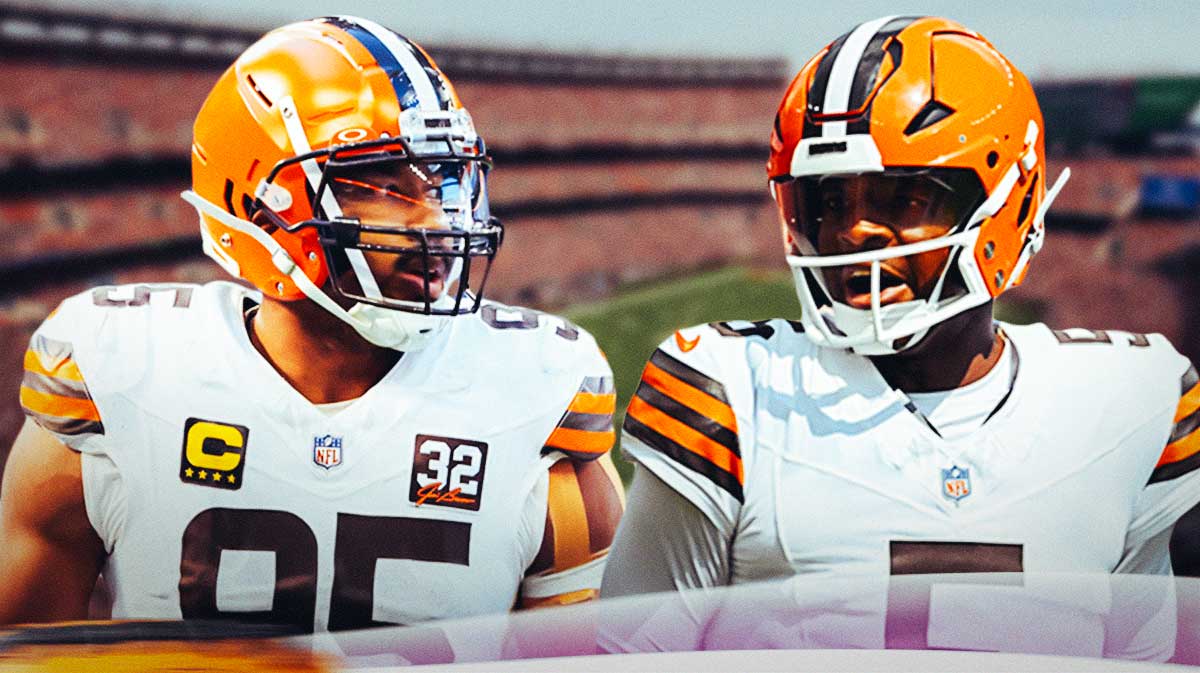 Myles Garrett next to throwing Jameis Winston in Browns uniform.